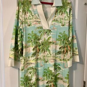 Spartina 449 Tropical Palm Print Tee — Aqua, Green, Cream